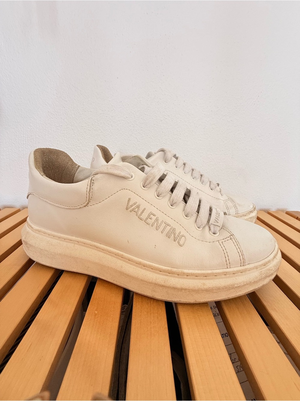 Valentino Cream Leather Low-Top Sneakers